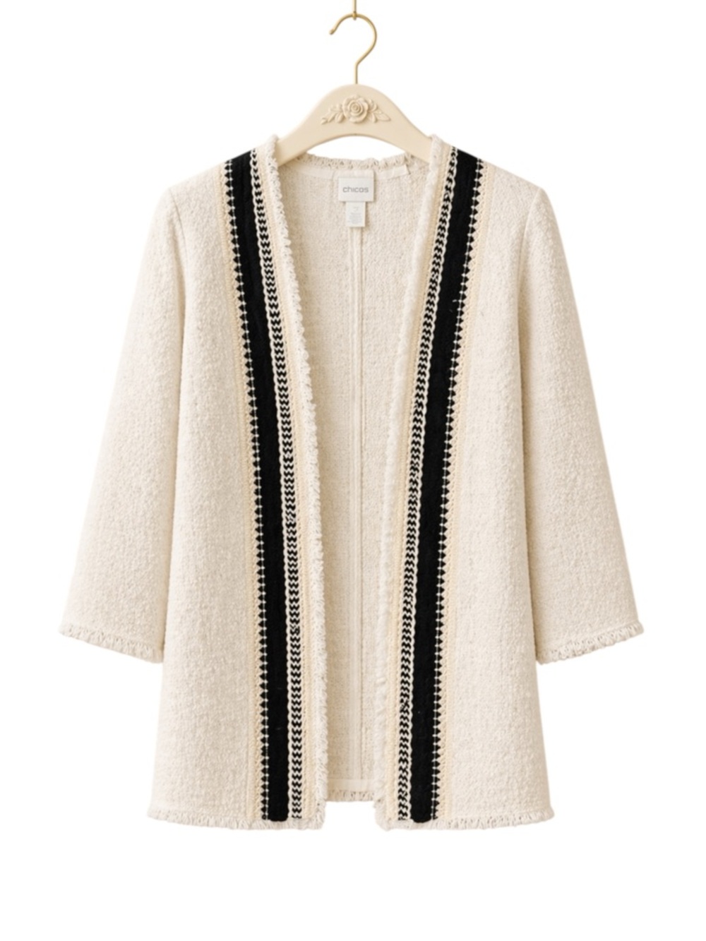 hico’s‎ Textured Bouclé Open Front Cardigan Cream Black Trim